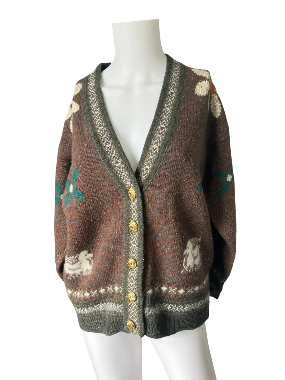 Vintage Fwanloi Wool Cardigan Sweater Brown Floral Knit Womens Size Small - Picture 1 of 9